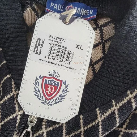 Paul Parker Mens XL Diamond Pattern Cardigan Sweater Black/Beige Full-Zip New